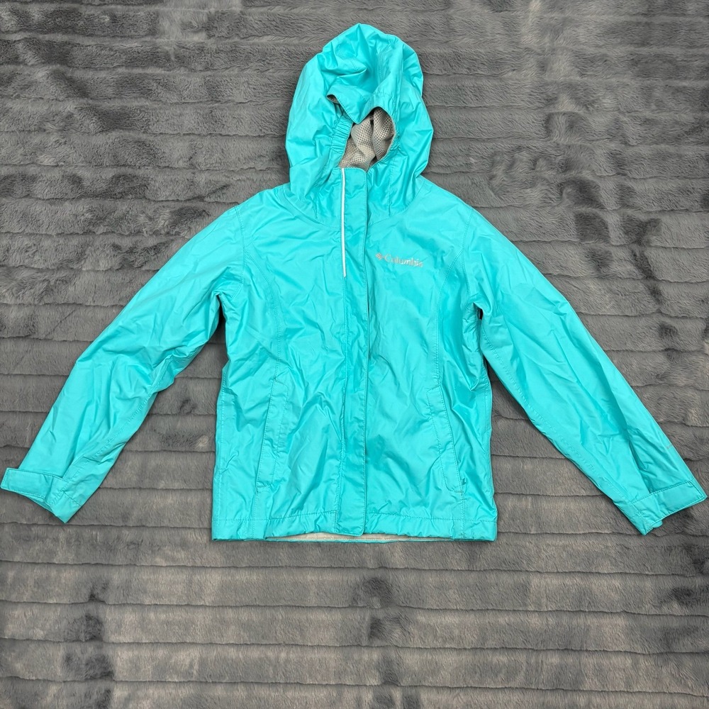 Columbia Kids XS 6/6X Rain Jacket Aqua Blue Hooded Waterproof Shell Mesh Lined